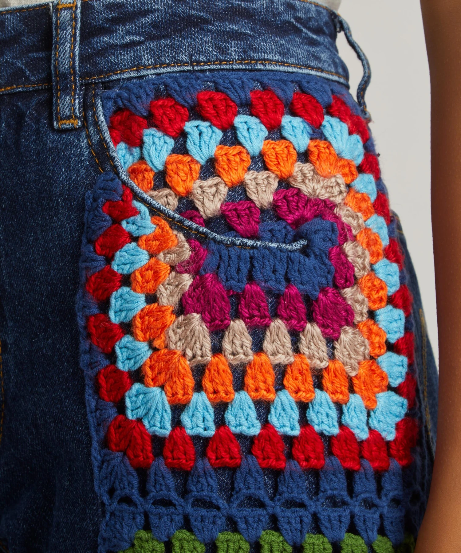 Farm Rio Crochet Squares Denim Jeans 5 Farm Rio Crochet Squares Denim Jeans - Image 5