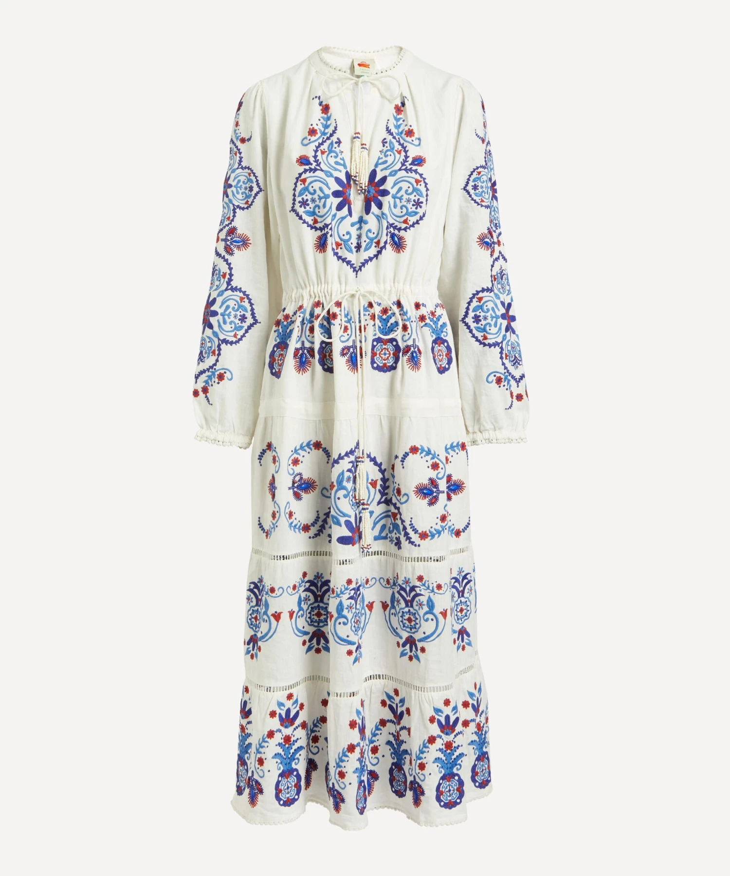 Farm Rio Off-White Navy Embroidered Midi-Dress
