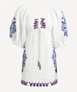 Farm Rio Off-White Navy Embroidered Mini-Dress