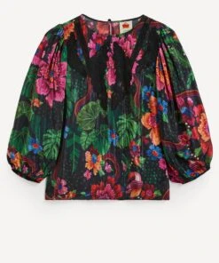 Farm Rio Black Blooming Garden Blouse