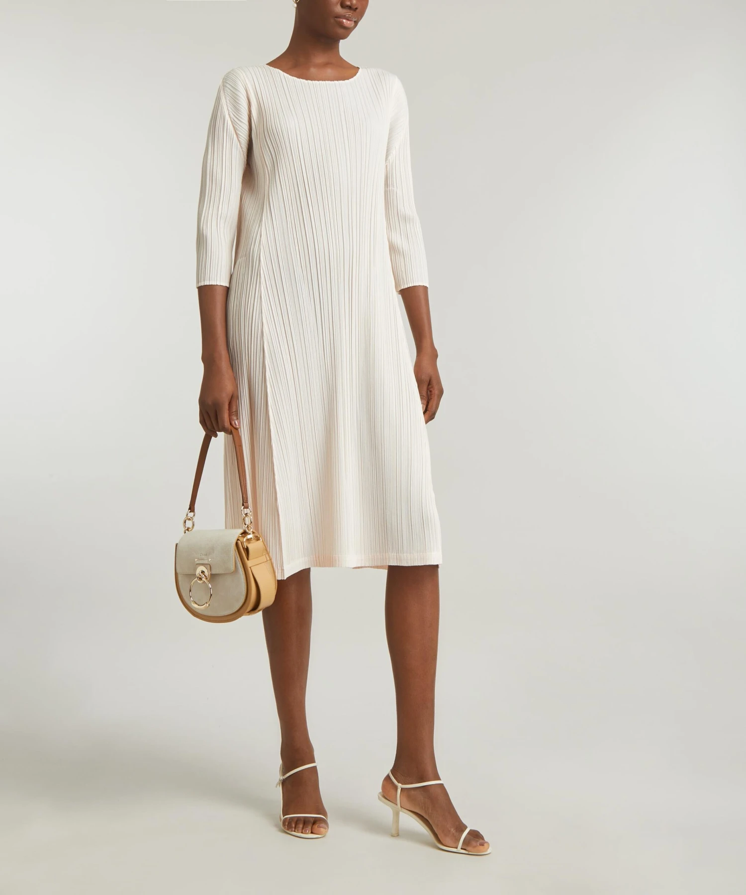 MELLOW PLEATS Pink White Midi-Dress 2 MELLOW PLEATS Pink White Midi-Dress - Image 2