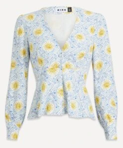 RIXO Noreen Wavey Sun Ivory V-Neck Blouse