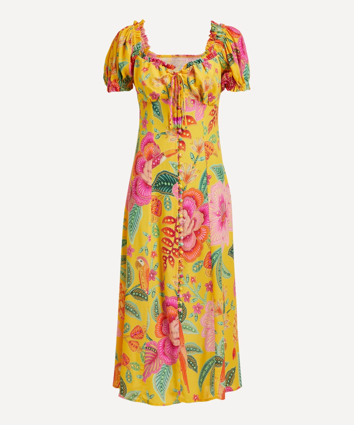 Farm Rio Yellow Macaw Bloom Puff-Sleeve Midi-Dress 1 Farm Rio Yellow Macaw Bloom Puff-Sleeve Midi-Dress