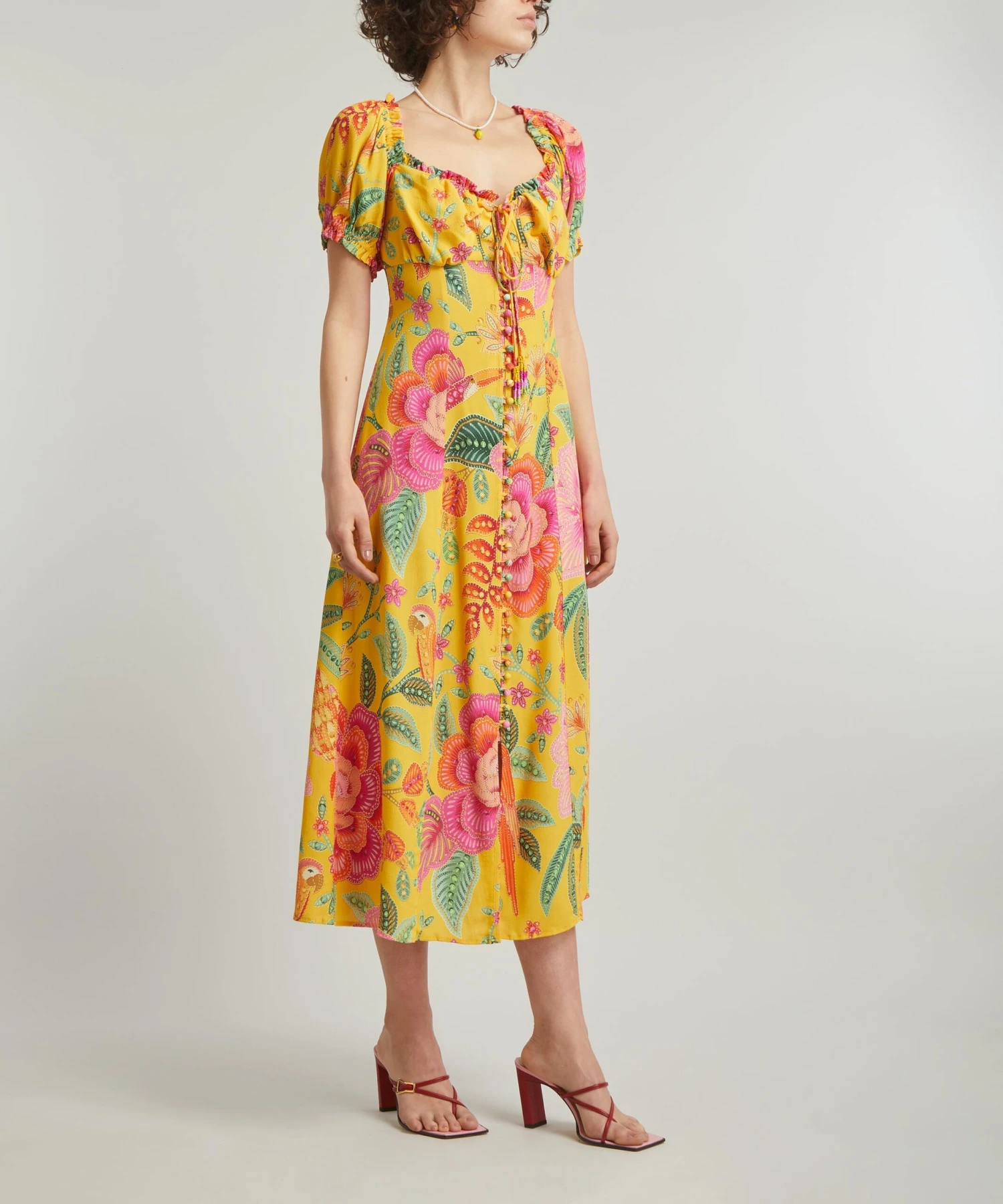 Farm Rio Yellow Macaw Bloom Puff-Sleeve Midi-Dress 2 Farm Rio Yellow Macaw Bloom Puff-Sleeve Midi-Dress - Image 2