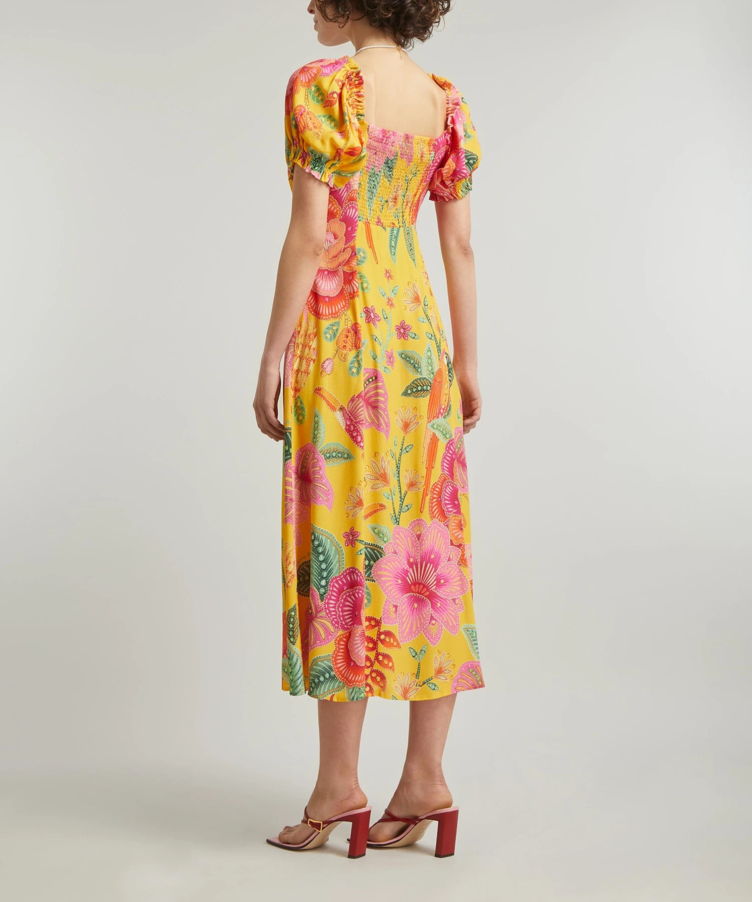 Farm Rio Yellow Macaw Bloom Puff-Sleeve Midi-Dress 4 Farm Rio Yellow Macaw Bloom Puff-Sleeve Midi-Dress - Image 4