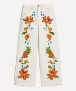 Farm Rio Embroidered Floral Twill Trousers